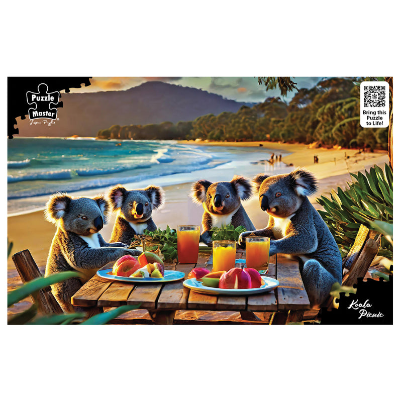 Load image into Gallery viewer, Four koalas having a picnic with fresh fruit and juice at a timber table on an ocean beach at sunset.
