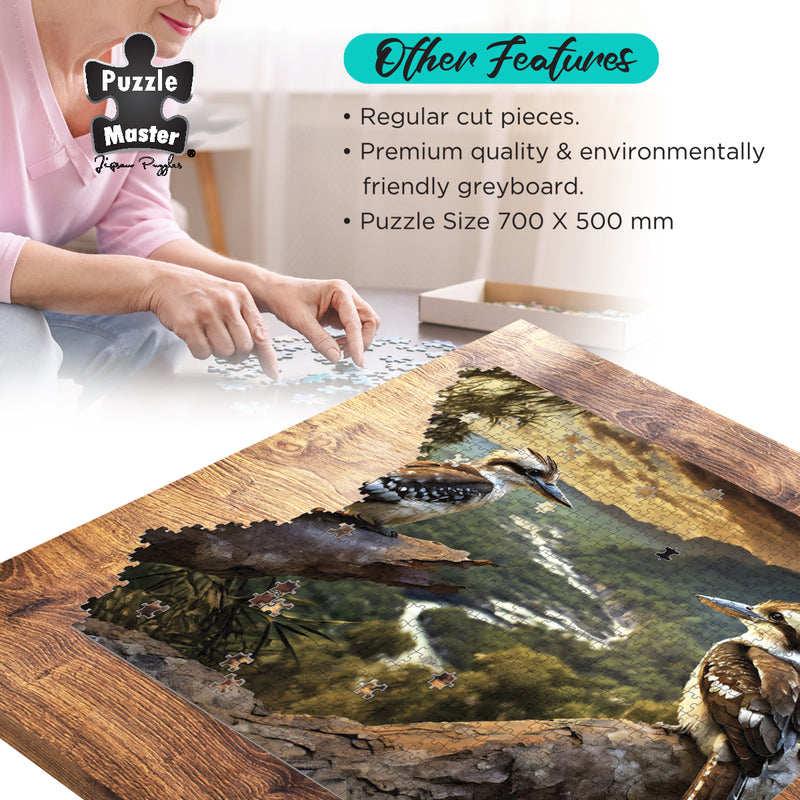 Load image into Gallery viewer, Puzzle Master feature overview showing an assembling jigsaw puzzle of kookaburras on a wooden table with product specifications listed.
