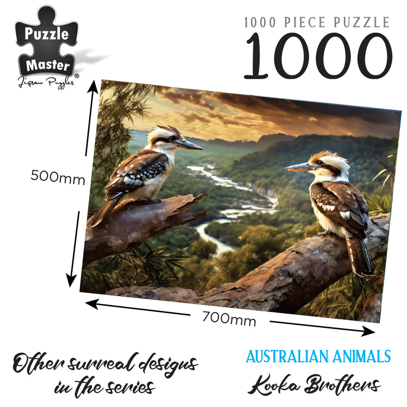 Load image into Gallery viewer, Puzzle Master 1000 piece jigsaw puzzle titled Kooka Brothers showing dimensions 500mm by 700mm and two kookaburras in a river landscape.
