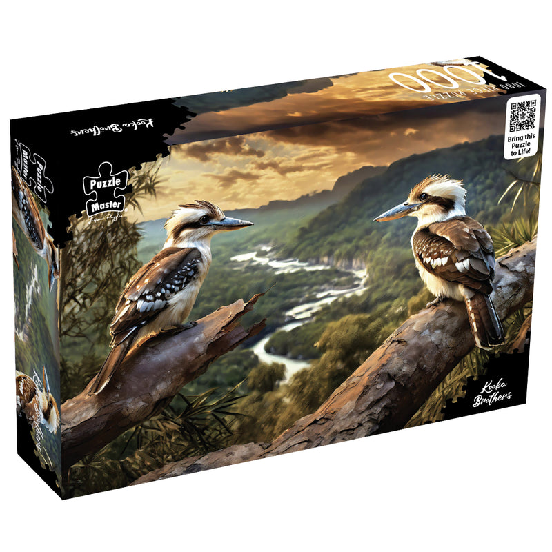 Load image into Gallery viewer, Box for the Puzzle Master Kooka Brothers 1000-piece puzzle featuring artwork of two kookaburras on a branch over a valley.
