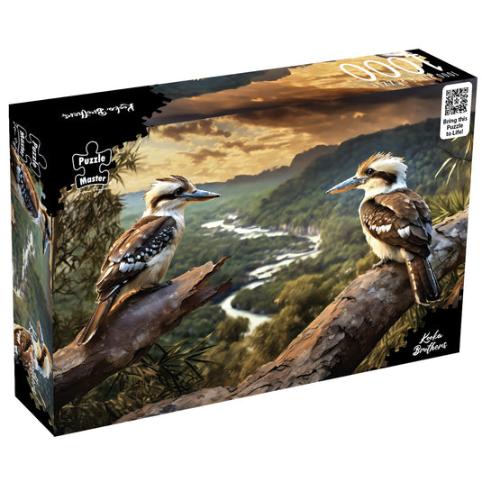 Box for the Puzzle Master Kooka Brothers 1000-piece puzzle featuring artwork of two kookaburras on a branch over a valley.
