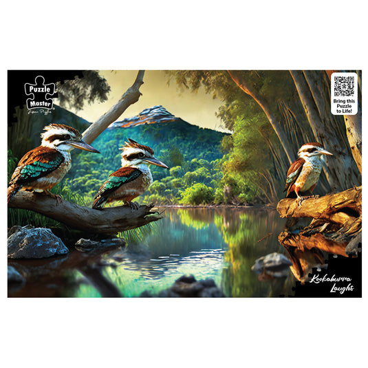 Front box artwork of the Puzzle Master Kookaburra Laughs jigsaw puzzle featuring three kookaburras perched by an Australian riverbank.