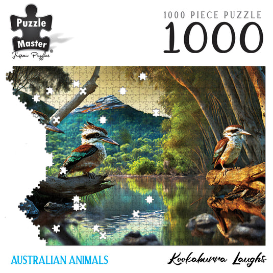 Puzzle Master 1000 piece jigsaw puzzle preview featuring kookaburras by a river titled Kookaburra Laughs.