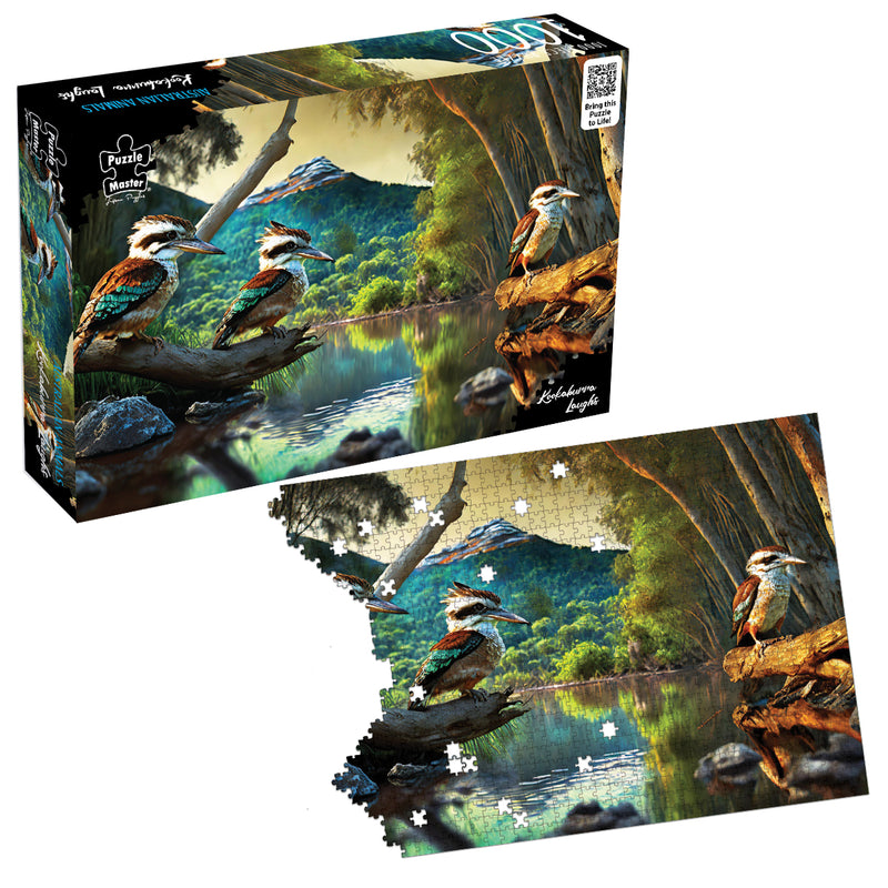 Load image into Gallery viewer, Puzzle Master Australian Animals Kookaburra Laughs jigsaw puzzle box alongside a partially assembled puzzle.
