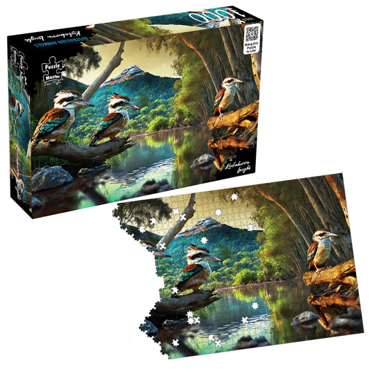 Puzzle Master Australian Animals Kookaburra Laughs jigsaw puzzle box alongside a partially assembled puzzle.