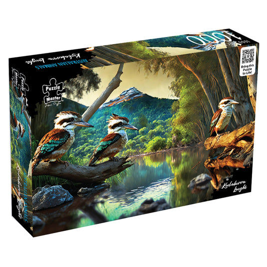 Packaging box for the Puzzle Master Australian Animals Kookaburra Laughs 1000-piece jigsaw puzzle.