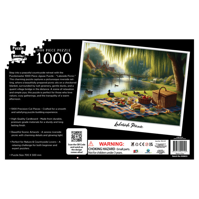 Load image into Gallery viewer, Back of the Puzzle Master 1000-piece jigsaw puzzle box showing the Lakeside Picnic artwork and puzzle specifications.
