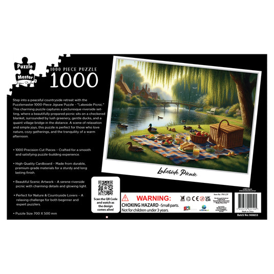 Back of the Puzzle Master 1000-piece jigsaw puzzle box showing the Lakeside Picnic artwork and puzzle specifications.