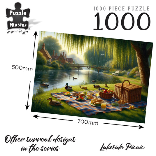 Promotional graphic showing dimensions (700mm by 500mm) of the 1000-piece Puzzle Master Lakeside Picnic jigsaw puzzle.