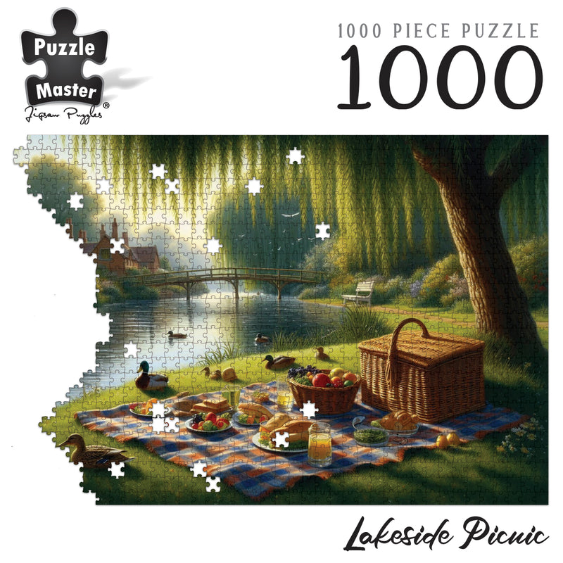 Load image into Gallery viewer, Puzzle Master 1000 Piece Lakeside Picnic jigsaw puzzle showing an idyllic picnic scene by a river with ducks, willow trees, and a footbridge.
