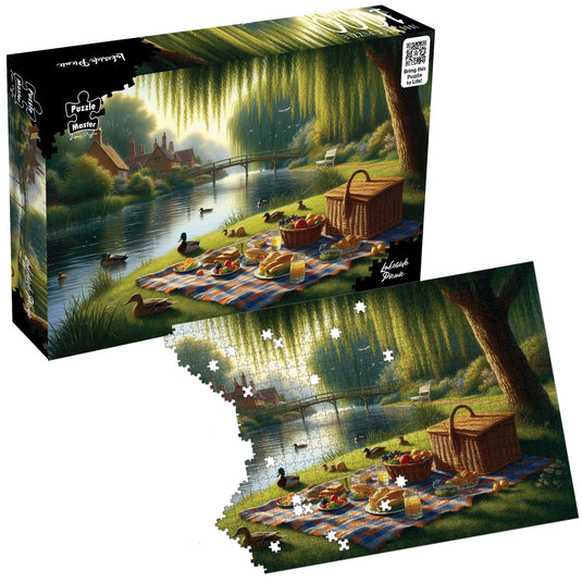 Puzzle Master Lakeside Picnic jigsaw puzzle box alongside a partially assembled matching puzzle depicting a picnic by a river.