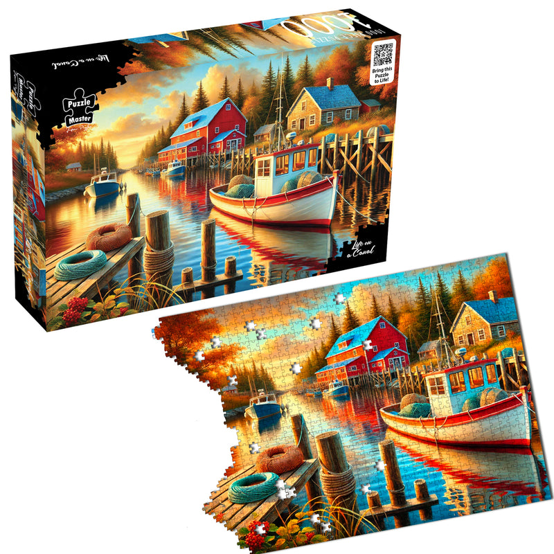 Load image into Gallery viewer, Puzzle Master Life on a Canal jigsaw puzzle box shown alongside a partially assembled puzzle depicting a scenic harbour.
