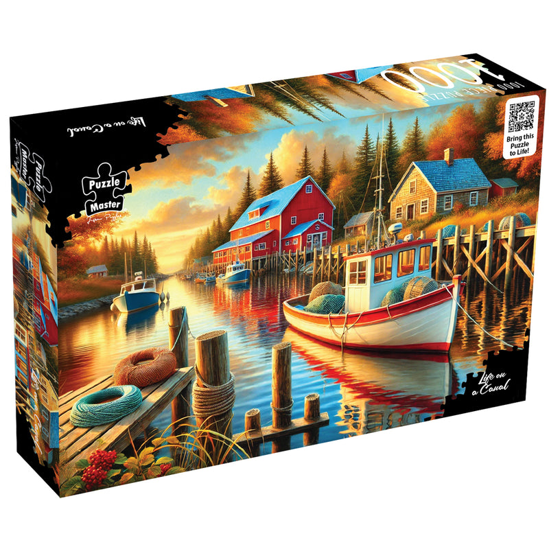 Load image into Gallery viewer, Puzzle Master Life on a Canal 1000-piece jigsaw puzzle box showing a colourful harbour scene at sunset.
