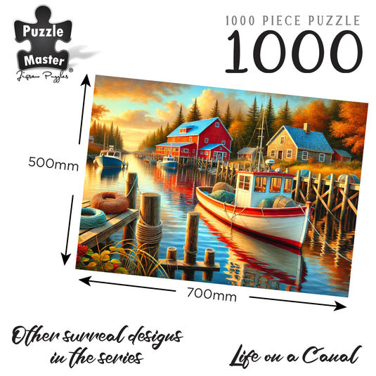 Graphic of the Puzzle Master 1000-piece Life on a Canal jigsaw puzzle with dimensions of 700mm by 500mm.