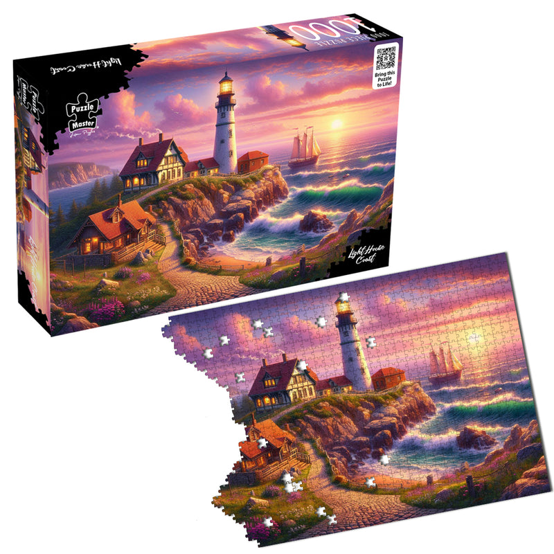 Load image into Gallery viewer, Puzzle Master Light House Coast 1000-piece jigsaw puzzle shown alongside its packaging box.
