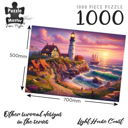 Promotional graphic showing a 1000-piece coastal lighthouse jigsaw puzzle with 700mm by 500mm dimension markers.