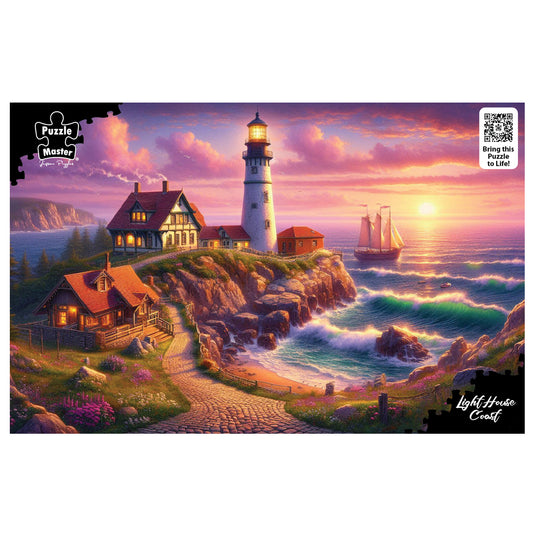 Puzzle Master Lighthouse Coast puzzle illustration featuring a lighthouse, cliffside cottages, and a sailboat during a vibrant coastal sunset.