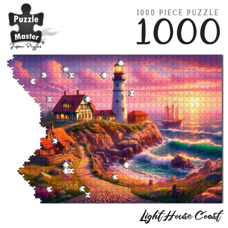 Load image into Gallery viewer, Puzzle Master 1000 piece jigsaw puzzle titled Light House Coast featuring a scenic coastal lighthouse and cottages at sunset.
