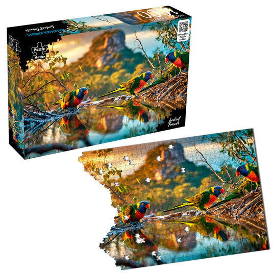 Puzzle Master 1000-piece Lorikeet Friends puzzle box alongside an assembled jigsaw puzzle featuring colourful rainbow lorikeets by reflective water.