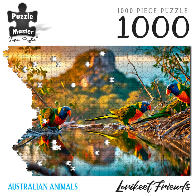 Load image into Gallery viewer, Puzzle Master 1000-piece Australian Animals Lorikeet Friends jigsaw puzzle showing colourful rainbow lorikeets by water in a partially assembled state.
