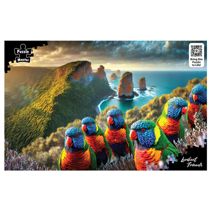 Load image into Gallery viewer, Illustration of colourful rainbow lorikeets perched in front of an ocean cliff landscape for the Lorikeet Friends jigsaw puzzle.
