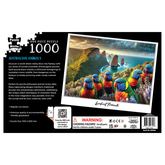 Rear packaging for Puzzle Master 1000-piece Australian Animals puzzle titled Lorikeet Friends with product information and barcode.