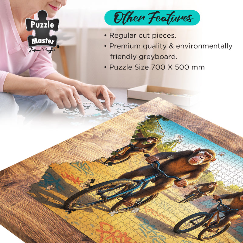 Load image into Gallery viewer, Puzzle Master jigsaw puzzle featuring monkeys riding bicycles being assembled on a wooden table with feature highlights.
