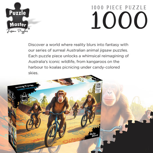 Puzzle Master 1000 piece puzzle box featuring Monkey Business artwork with chimpanzees riding bicycles in a skatepark.