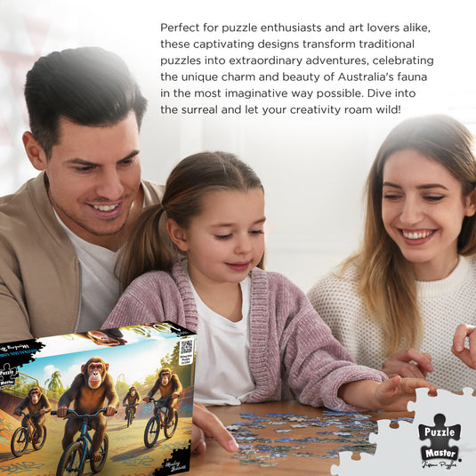 A young girl and two adults smiling as they assemble the Puzzle Master Monkey Business jigsaw puzzle at a wooden table.