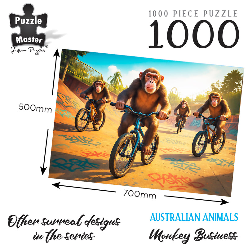 Load image into Gallery viewer, Puzzle Master 1000 piece jigsaw puzzle illustration featuring chimpanzees riding bicycles in a skatepark, measuring 500mm by 700mm.
