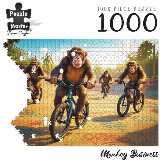 Puzzle Master Monkey Business 1000 piece jigsaw puzzle partially completed featuring chimpanzees riding bicycles