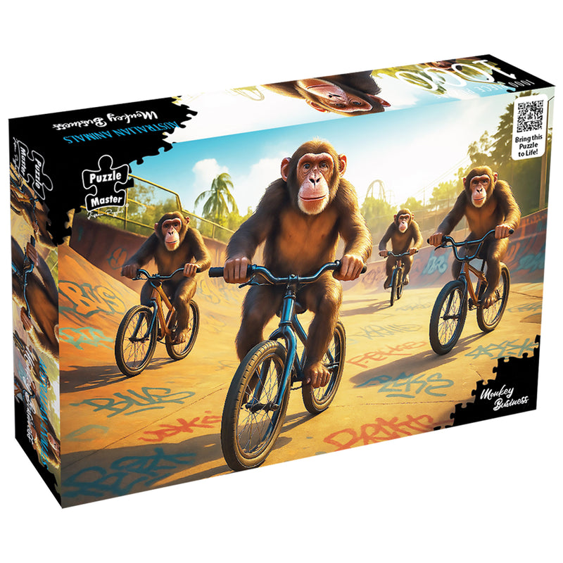 Load image into Gallery viewer, Puzzle Master Monkey Business 1000-piece jigsaw puzzle box showing chimpanzees riding bicycles in a skatepark.
