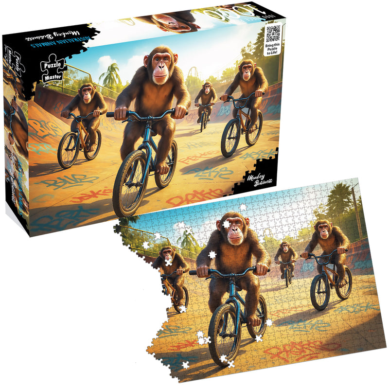 Load image into Gallery viewer, Puzzle Master Monkey Business jigsaw puzzle box with a partially completed puzzle showing chimpanzees riding BMX bikes in a skatepark.
