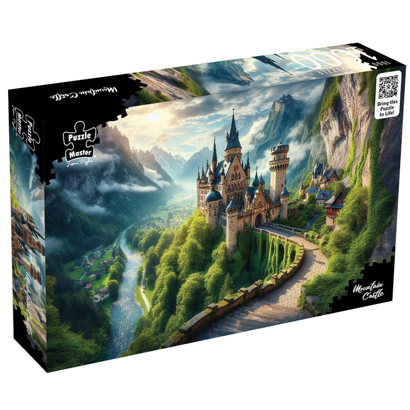 Load image into Gallery viewer, Retail box for Puzzle Master Mountain Castle jigsaw puzzle featuring an alpine fantasy castle surrounded by mountains and a river.
