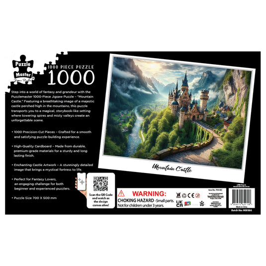 Back panel of the Puzzle Master Mountain Castle 1000-piece puzzle box showing artwork of a fantasy castle in a mountain valley alongside specifications and warning labels.