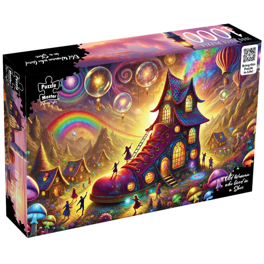 Angled view of a Puzzle Master 1000-piece jigsaw puzzle box featuring a colourful fantasy painting of a shoe-shaped house with a rainbow and glowing bubbles.
