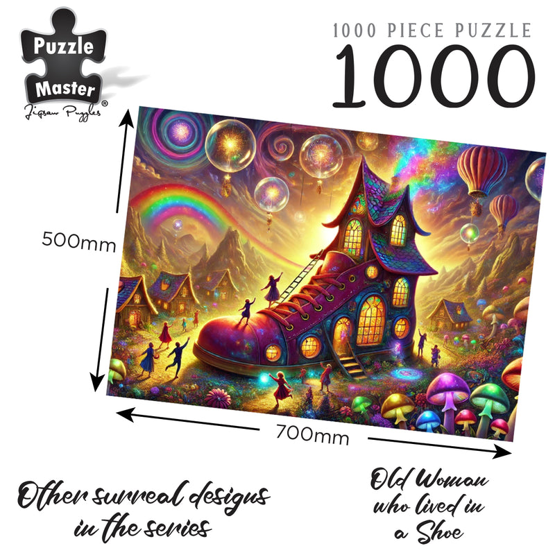 Load image into Gallery viewer, Puzzle Master Old Woman Who Lived in a Shoe 1000-piece jigsaw puzzle artwork showing finished dimensions of 700mm by 500mm.
