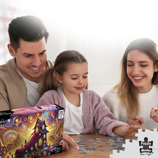 A family smiling and assembling a jigsaw puzzle together at a table beside the Old Woman Who Lived in a Shoe puzzle box.