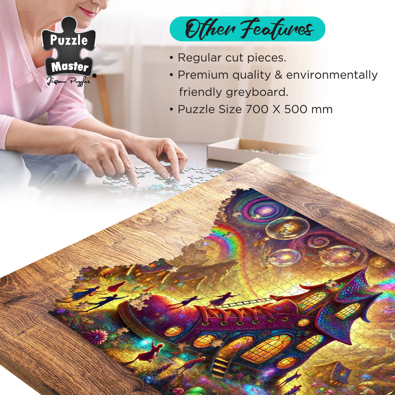 Load image into Gallery viewer, A woman assembling a colourful fantasy shoe house jigsaw puzzle on a wooden table with puzzle feature details displayed above.
