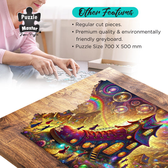 A woman assembling a colourful fantasy shoe house jigsaw puzzle on a wooden table with puzzle feature details displayed above.