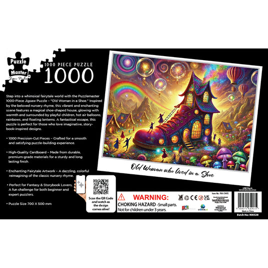 Back packaging panel of a 1000-piece Puzzle Master jigsaw puzzle showing the Old Woman in a Shoe artwork preview and product details.