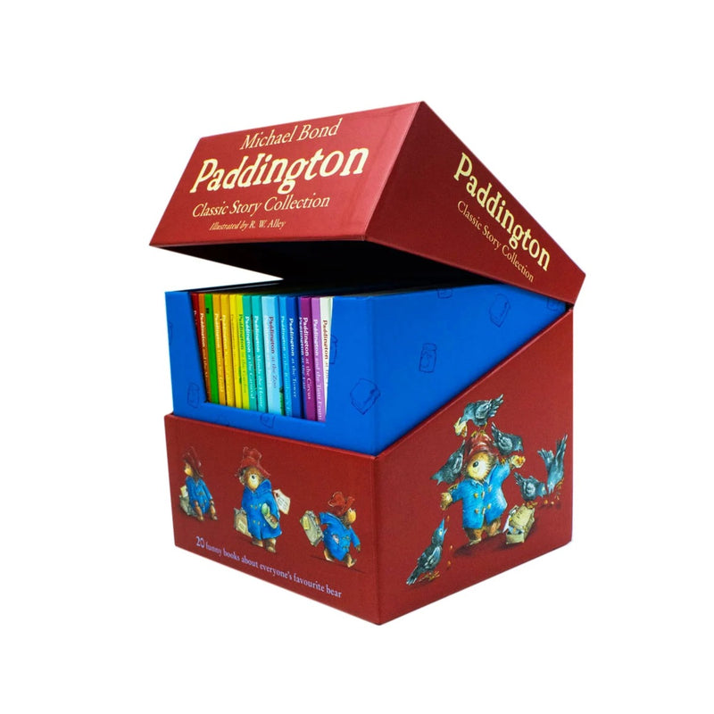 Load image into Gallery viewer, Angled view of the opened Paddington Classic Story Collection twenty-book red box set showing colourful book spines inside.
