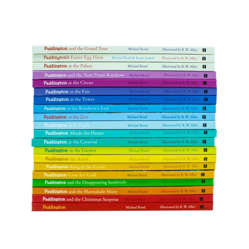 Load image into Gallery viewer, A stack of twenty colourful Paddington Bear paperback books showing their spines against a plain white backdrop.
