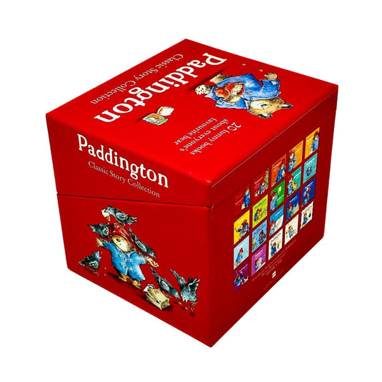 Red box set of Paddington Classic Story Collection featuring 20 children's books with classic Paddington Bear illustrations.