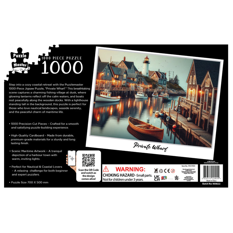 Load image into Gallery viewer, Back of the box for the Puzzle Master 1000-piece Private Wharf jigsaw puzzle showing the coastal village artwork and product specifications.
