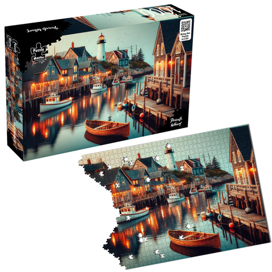 Puzzle Master Private Wharf 1000-piece jigsaw puzzle box alongside a partially completed puzzle of a coastal wharf at dusk.