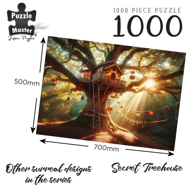 Load image into Gallery viewer, Graphic showing the Puzzle Master Secret Treehouse 1000-piece jigsaw puzzle artwork with dimensions of 700mm by 500mm.
