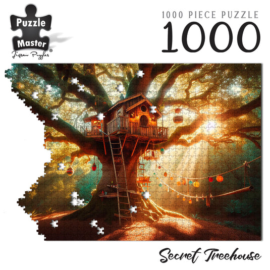 Puzzle Master 1000 piece jigsaw puzzle titled Secret Treehouse featuring an illuminated wooden treehouse in a sunlit forest.