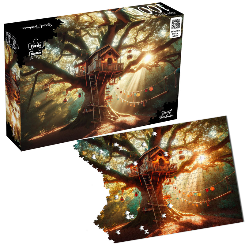 Load image into Gallery viewer, Puzzle Master Secret Treehouse 1000-piece jigsaw puzzle box beside an assembling puzzle depicting a sunlit treehouse.
