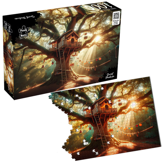 Puzzle Master Secret Treehouse 1000-piece jigsaw puzzle box beside an assembling puzzle depicting a sunlit treehouse.